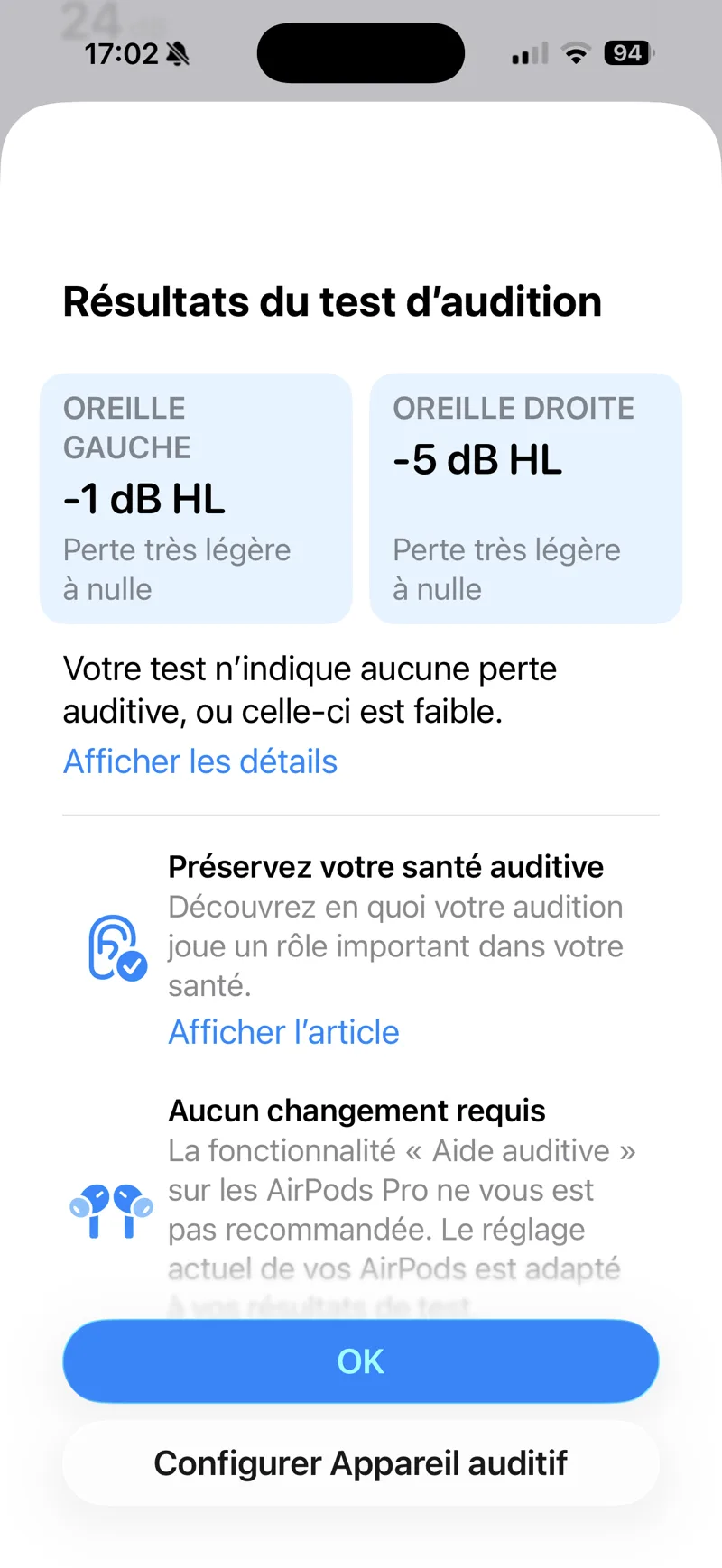 Résultat d'un test d'audition grand public sur iPhone avec AirPods Pro
