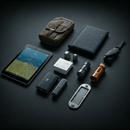 Contenu d'un flight bag disposé à plat : tablette de navigation, lampes, carnet, sacoche